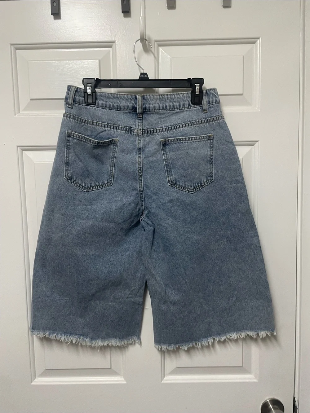 Distressed Light Blue Denim Long Shorts